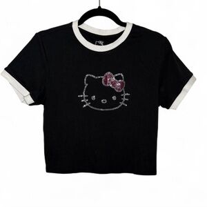 Hello Kitty XL Black Ringer Tee Rhinestone Bow Graphic Baby Doll Shirt